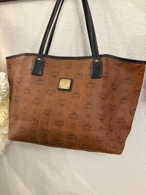 MCM Cognac Brown Logo Tote with Black Trim